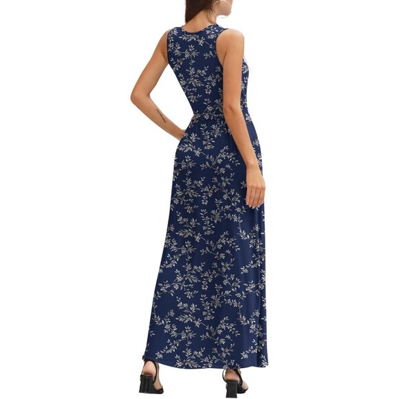 Women Blue Leaves Deep V Neck Sleeveless Loose Plain Long Maxi Stretchy Dress - Picture 6 of 6